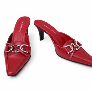 A. Marinelli Red Leather Pointed-Toe Chain-Accent Mules
